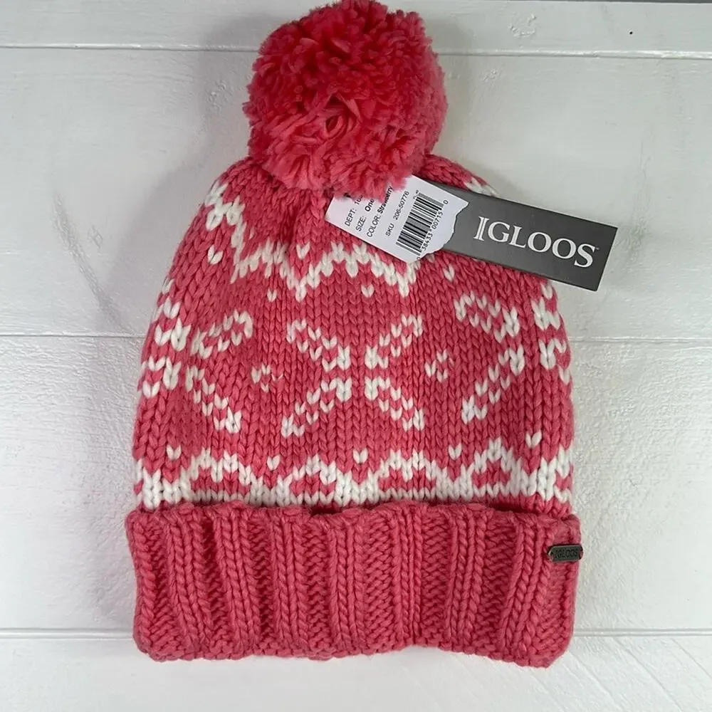 IGLOOS Pink Strawberry Acrylic Knitted Beanie Snow Hat With Pompoms One‎ Size